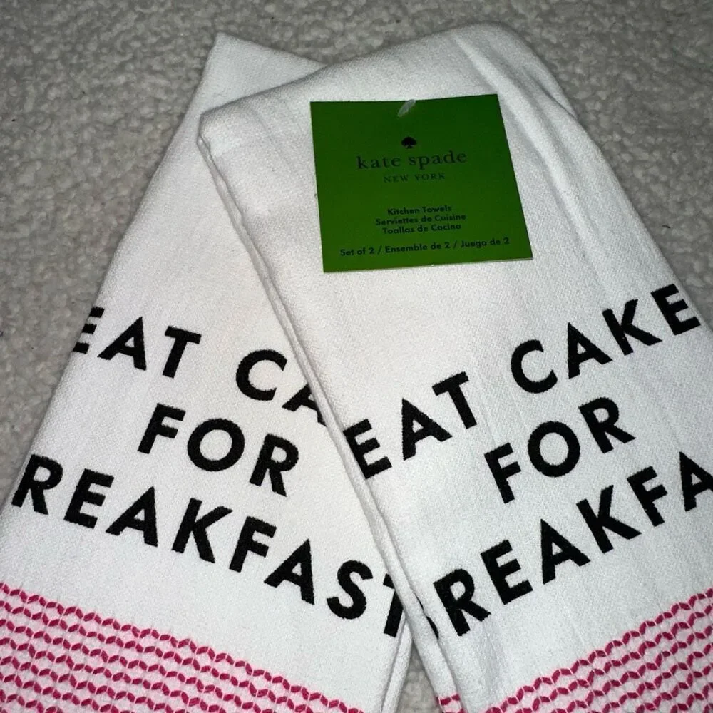 Kate Spade Pink White Eat Cake For Breakfast Kitchen Towels NWT